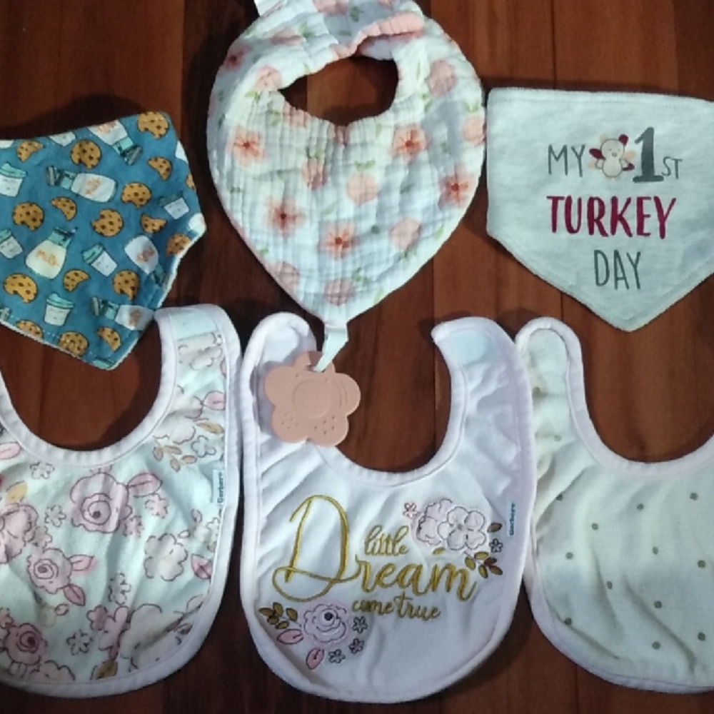 Baby Girls Bibs Lot of 6, Muslim Style with Teether, Terry Cloth & Bandana Bibs